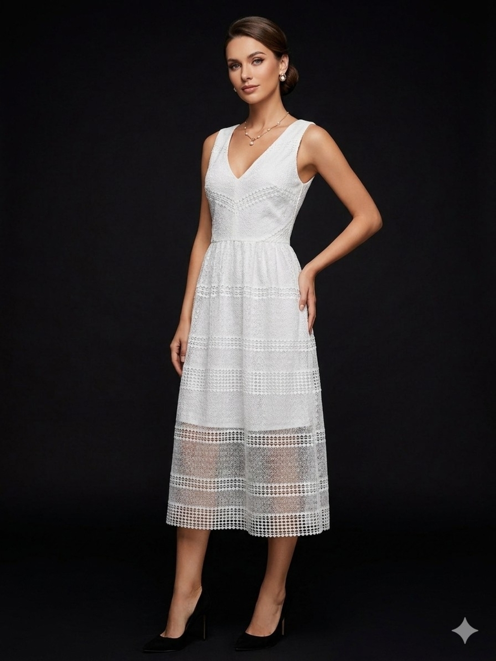 Adrianna Papell White Lace V-Neck Midi Dress